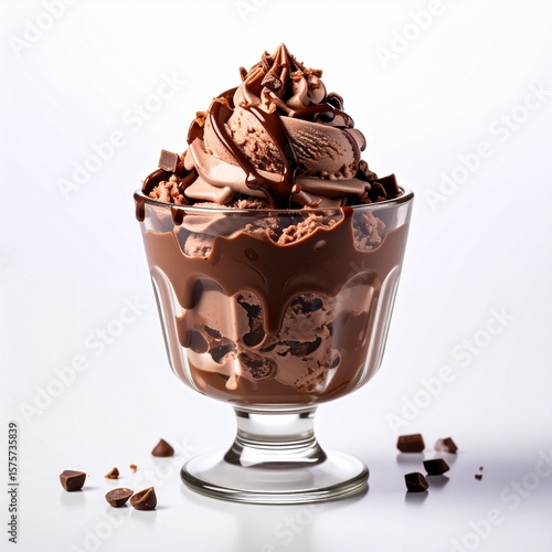 isolated cup of chocolate ice cream on a white table on a white background, food photography