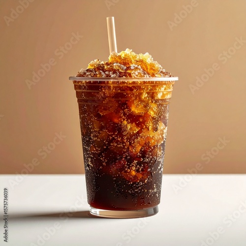 isolated cup of a cola slush on a white table on a brown background, food photography