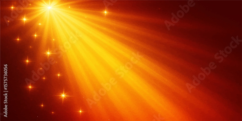 Intense red abstract background with golden sunlight rays and glowing particles