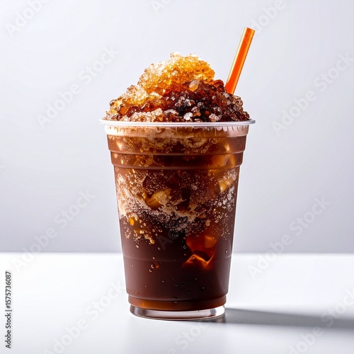 isolated cup of a cola slush on a white table on a white background, food photography