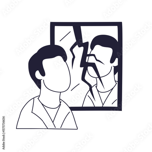 A faceless person sees a distorted reflection in a broken mirror, symbolizing a fractured self-image, identity crisis, or mental health struggles. A powerful visual for psychological concepts.
