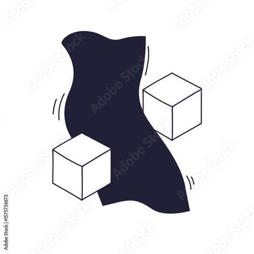 Minimalist illustration of a dark curtain draped between two white cubes. Abstract concept of flow, connection, and the relationship between organic and geometric forms.