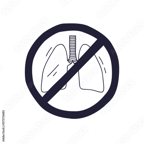 A hand-drawn icon of human lungs crossed out in a prohibition circle. Symbolizes lung disease, respiratory issues, anti-smoking campaigns, or poor air quality. A warning for lung health.