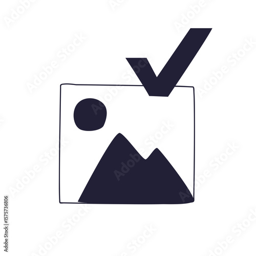 A hand-drawn icon of a picture with a checkmark. It shows a landscape with mountains and a sun, symbolizing image approval, successful upload, selection, or verification. Minimalist doodle style.