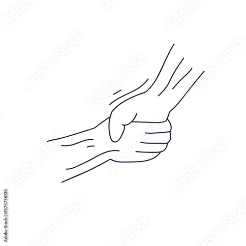 A minimalist line drawing of one hand firmly gripping another's wrist. This gesture symbolizes help, support, rescue, or a strong, unbreakable connection between two people.