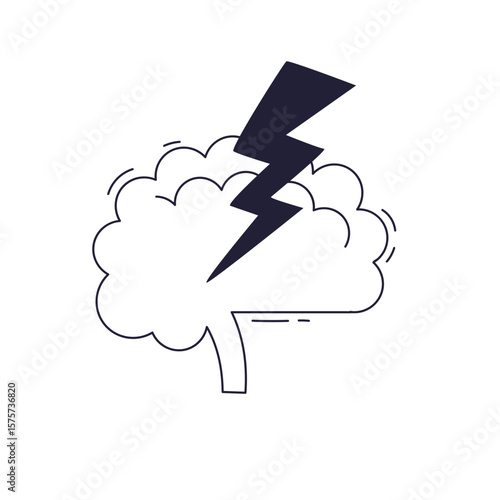 A minimalist icon of a brain outline struck by a lightning bolt. Symbolizes brainstorming, a creative spark, innovation, or a sudden brilliant idea.