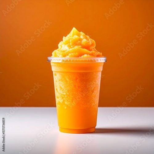 isolated cup of an orange slush on a white table on an orange background, food photography