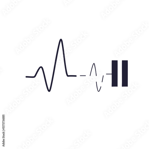 A minimalist illustration of an oscillating waveform, like a heartbeat or sound wave, transitioning into a pause symbol. Represents taking a break, mental rest, or pausing activity.