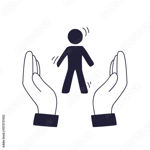 A minimalist icon of two open hands protecting a human figure. This doodle-style illustration symbolizes care, support, safety, protection, and humanitarian aid.