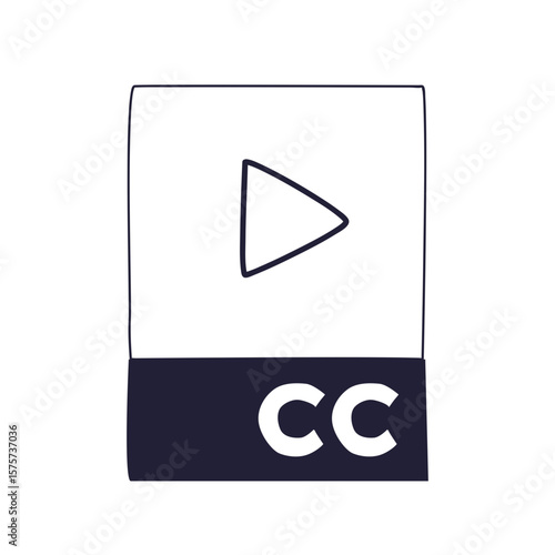 A hand-drawn icon of a video player with a play button and a 'CC' symbol for closed captions. Represents accessible media, subtitled video content, and digital accessibility.