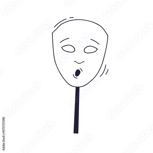 A line art theatrical mask on a stick with an open mouth. Lines suggest whispering or sound, symbolizing secrets, drama, and hidden communication.