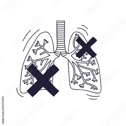A line art illustration of human lungs with large black crosses, symbolizing respiratory disease, lung damage, or unhealthy breathing. A concept for health warnings.