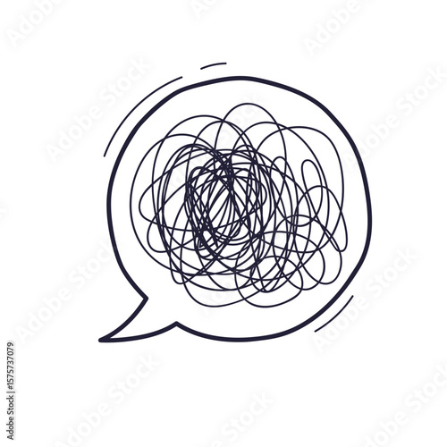 A hand-drawn speech bubble with a chaotic scribble inside, symbolizing confusing thoughts, anxiety, mental chaos, or difficulty communicating clearly.