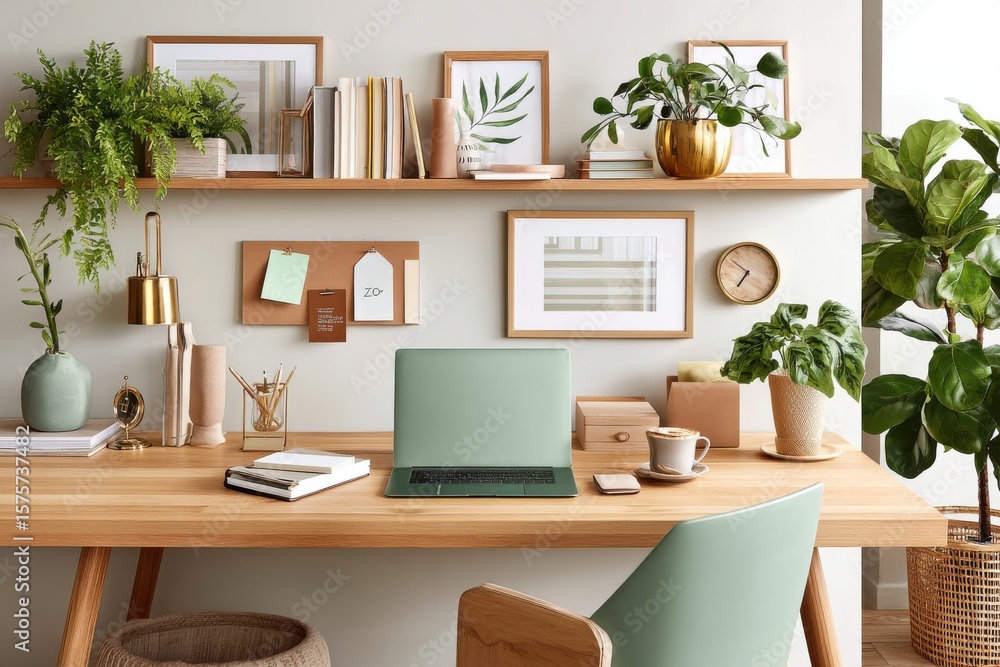 Fototapeta premium Minimalist workspace with greenery, wooden desk, laptop, and accessories