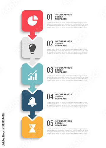 Arrows vertical infographic design template with business icons. Five steps, instructions or infographic layout for presentation slides