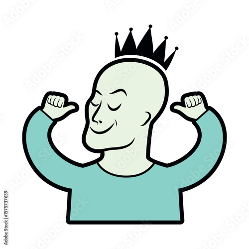 Smug man with a crown on his head vector illustration. Narcissistic person in cartoon style. Egotistical guy icon isolated on a white background. Arrogant man funny caricature drawing