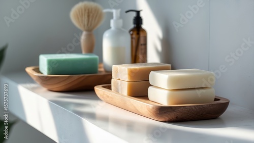 Organic soaps in various colors arranged on a wooden tray against a minimalist background