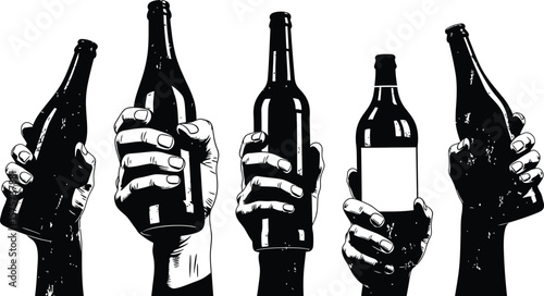 Five hands holding bottles in a black and white graphic illustration style