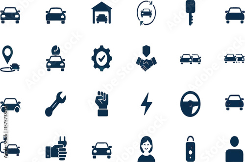 Collection of various car related icons displayed on a white background surface