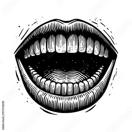 Wide Open Human Mouth with Teeth and Tongue Black and White Outline Line Art Drawing Engraving