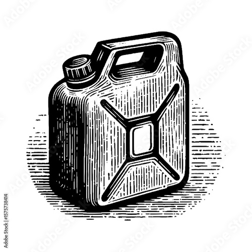 Vintage Retro Gas Can Jerrycan Fuel Container Black and White Outline Line Art Drawing Engraving Style