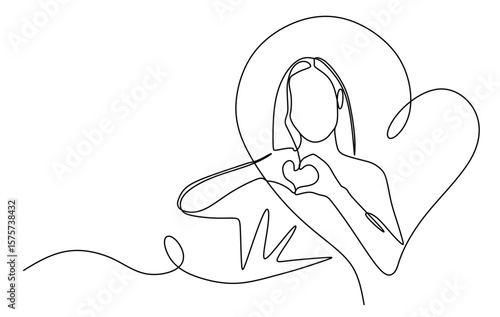 the continuous line art of a woman stretching out her hand forming a heart and love