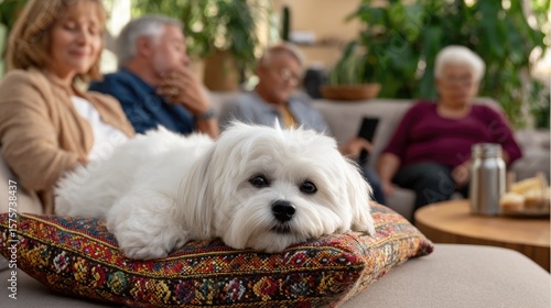 Dog relaxing on sofa with family