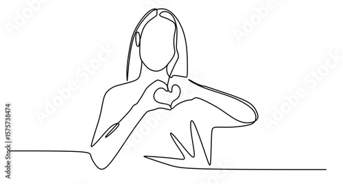 the continuous line art of a woman stretching out her hand forming a heart and love