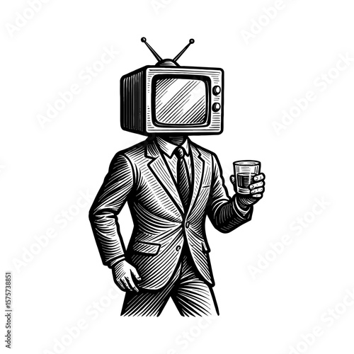 Man with Television Head in Business Suit Holding a Glass Black and White Outline Line Art Drawing