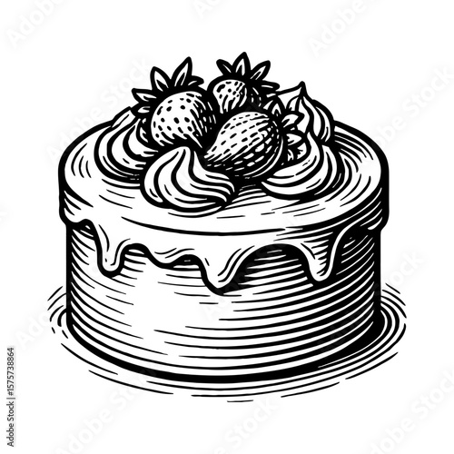 Sweet Dessert Cake Topped with Strawberries and Drizzled Cream Black and White Outline Line Art Drawing