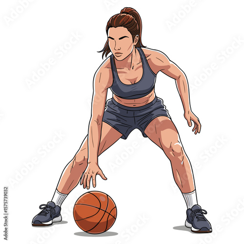 Dynamic Female Athlete Dribbling Basketball Illustration for Sports and Fitness Campaigns Graphic