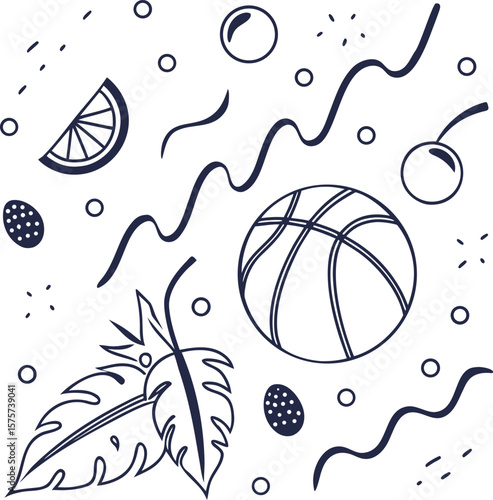 Here's a single sentence for naming your image:

Abstract vector illustration of a cartoon fish swimming in a sea background with sport ball decorations, perfect for game art and pattern design
