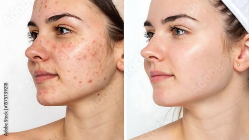 Before and after acne treatment showing clear skin