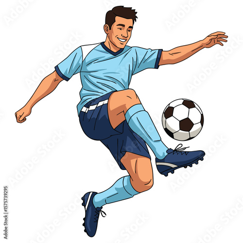 Dynamic Soccer Player Kicking Ball Cartoon Illustration for Sports and Recreation Concepts
