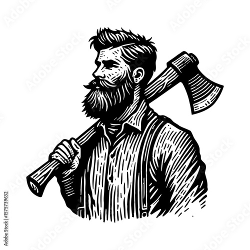 Lumberjack Woodsman Bearded Man Holding Axe on Shoulder Black and White Outline Line Art Drawing
