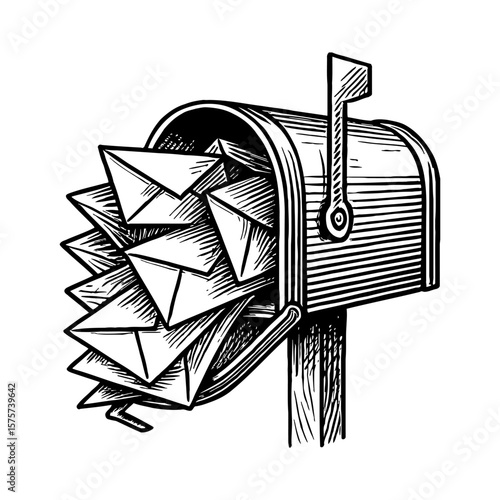 Mailbox Full of Letters Overflowing Black and White Outline Line Art Drawing Mail Communication
