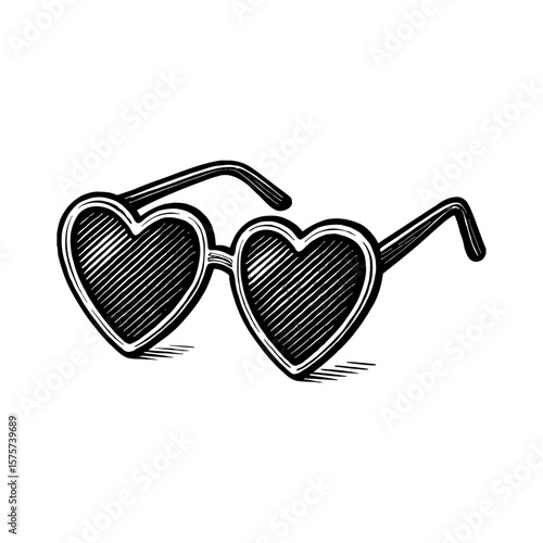 Heart Shaped Sunglasses Vintage Retro Style Black and White Outline Line Art Drawing Isolated Object