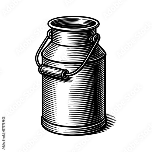 Vintage Milk Can Dairy Churn with Handle Black and White Outline Line Art Drawing Retro Engraving Style Isolated