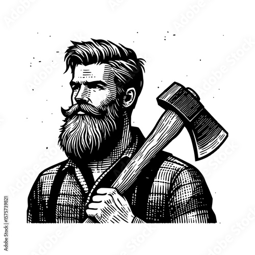 Rugged Bearded Man Lumberjack with Axe Rustic Vintage Black and White Outline Line Art Drawing Illustration