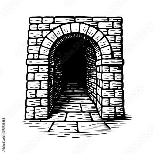 Ancient Stone Archway Tunnel Entrance Perspective View Black and White Outline Line Art Drawing