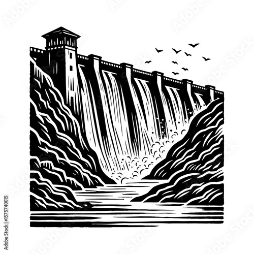 Massive Hydroelectric Dam with Cascading Water and Architectural Tower Black and White Outline Line Art Drawing