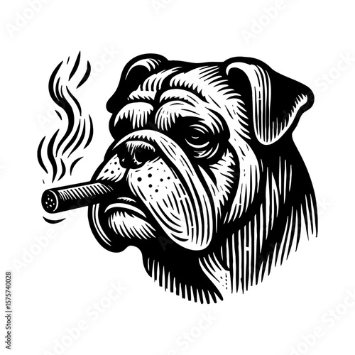 Powerful Bulldog Head Smoking Large Cigar in Detailed Black and White Outline Line Art Drawing Vintage Engraving Style