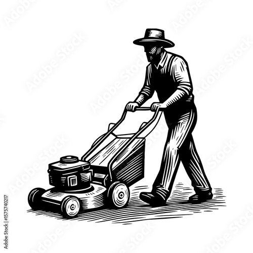 Professional Gardener Man Pushing Lawnmower for Lawn Maintenance Black and White Outline Line Art Drawing