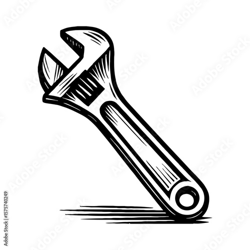 Adjustable Wrench Tool Black and White Outline Line Art Drawing Industrial Equipment Vintage Hand Drawn Sketch