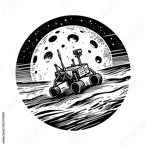 Space Rover Exploring Alien Planet Surface with Large Craters Moon in Vintage Retro Black and White Outline Line Art Drawing