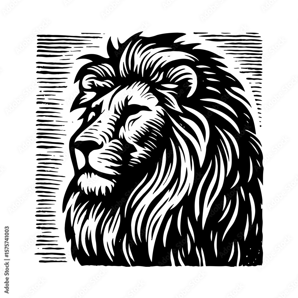Obraz premium Majestic Lion Head Profile View Black and White Outline Line Art Drawing with Detailed Mane and Classic Engraving Style
