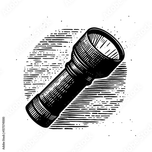 Vintage Flashlight Engraved Style Black and White Outline Line Art Drawing Hand Drawn Torch Light Object