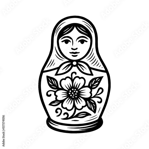 Traditional Russian Matryoshka Nesting Doll with Folk Floral Design Black and White Outline Line Art Drawing Object
