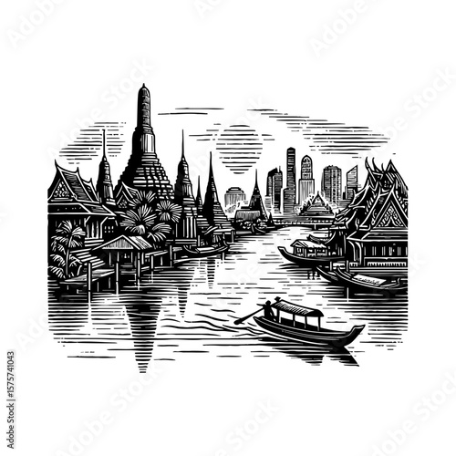 Thai Riverside Scene with Temple and Traditional Boats Cityscape Vintage Black and White Outline Line Art Drawing