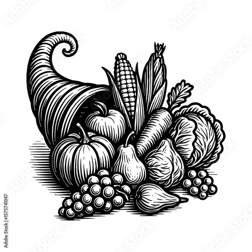 Horn of Plenty Abundant Cornucopia Overflowing with Harvest Fruits Vegetables Black and White Outline Line Art Drawing